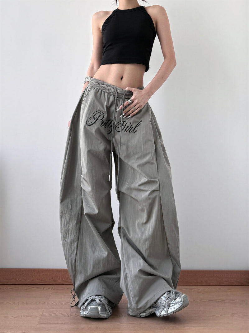 S-XL ウエストゴム ドローストリング ワイドカーゴパンツ