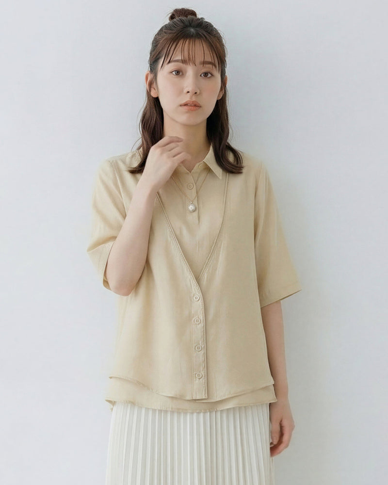 Vネック切替ライン レイヤード風(フェイク2ピース)シャツ-ライトイエロー-2XL
