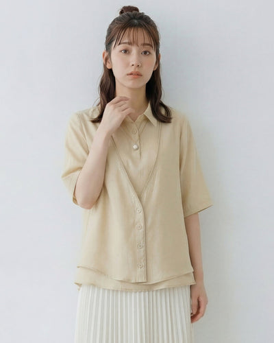 Vネック切替ライン レイヤード風(フェイク2ピース)シャツ-ライトイエロー-2XL