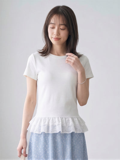 レース切り替えフリルヘムTシャツ-ホワイト-XL