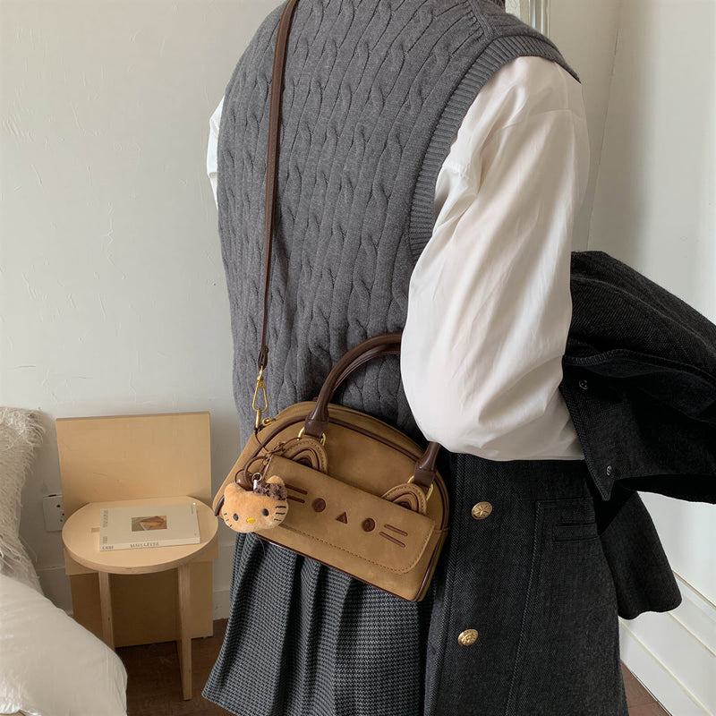立体猫モチーフポケット付き ダブルハンドル ミニハンド・ショルダーバッグ