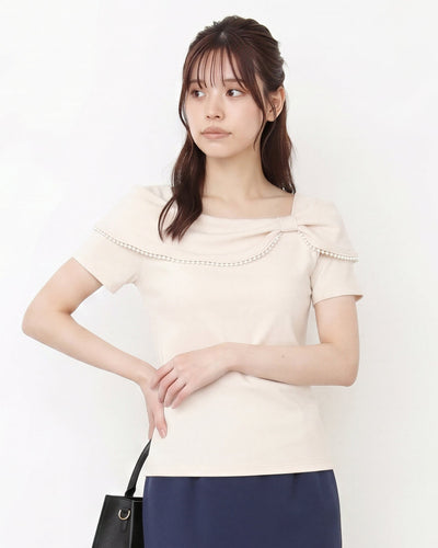 アシンメトリー折り返し襟 パールトリムTシャツ-ベージュ-L