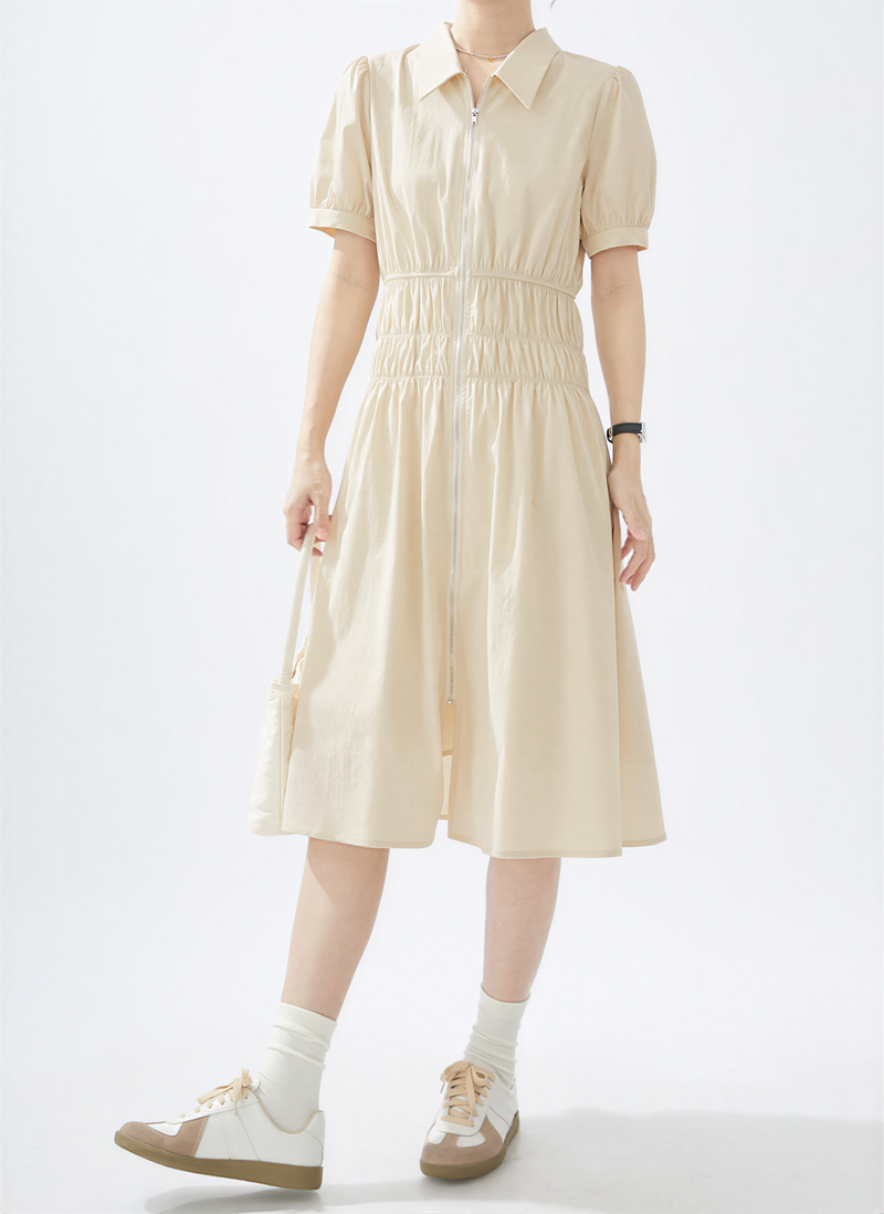 フロントジップ ウエストシェイプ パフスリーブ シャツワンピース