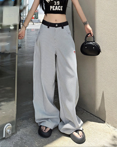 ハイウエスト切り替えストライプワイドカジュアルパンツ-ホワイト X ブラック-2XL