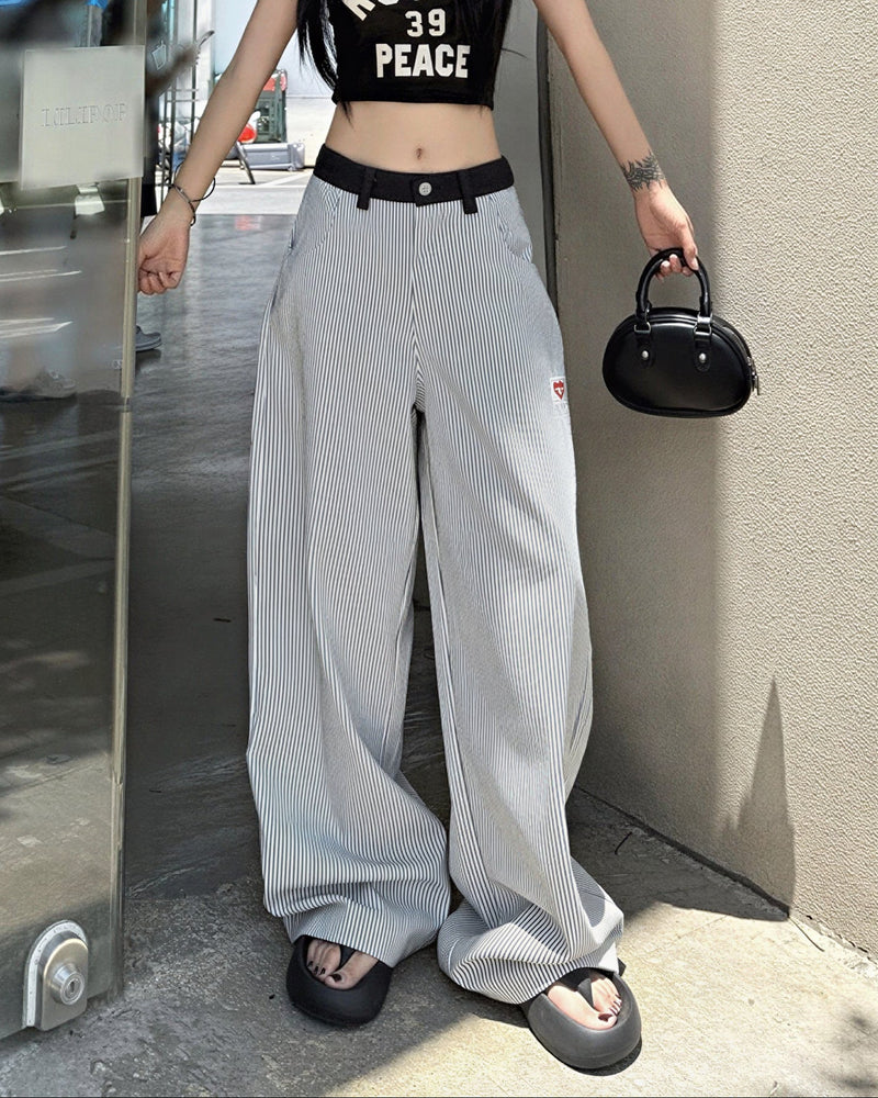 ハイウエスト切り替えストライプワイドカジュアルパンツ-ホワイト X ブラック-2XL