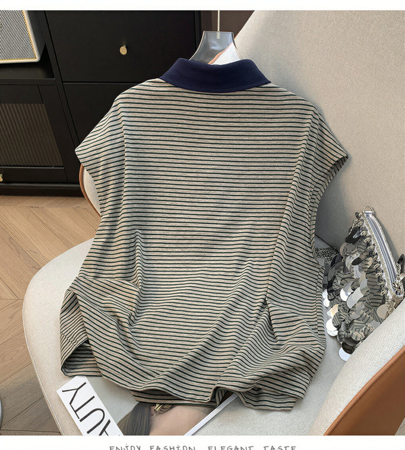 グリーン細ボーダー 襟付き 半袖Tシャツ