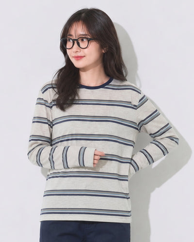 ボーダー クルーネック ゆったりTシャツ-グレージュ-L