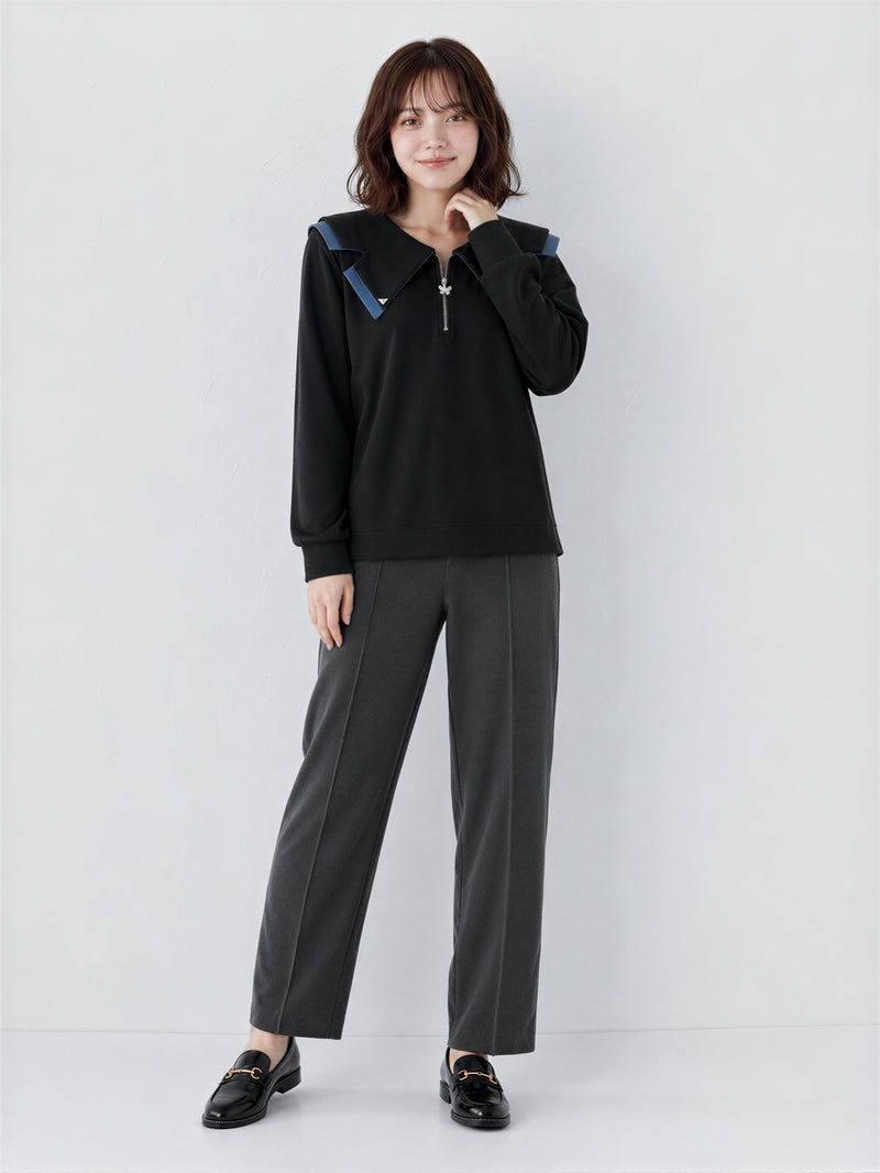 M~4XL ジップVネック フリル フェイクレイヤード スウェット