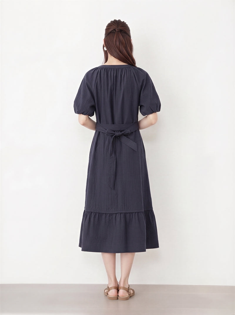 【全2色】S-XL ウエストマークリボン フリルヘム Vネックワンピース