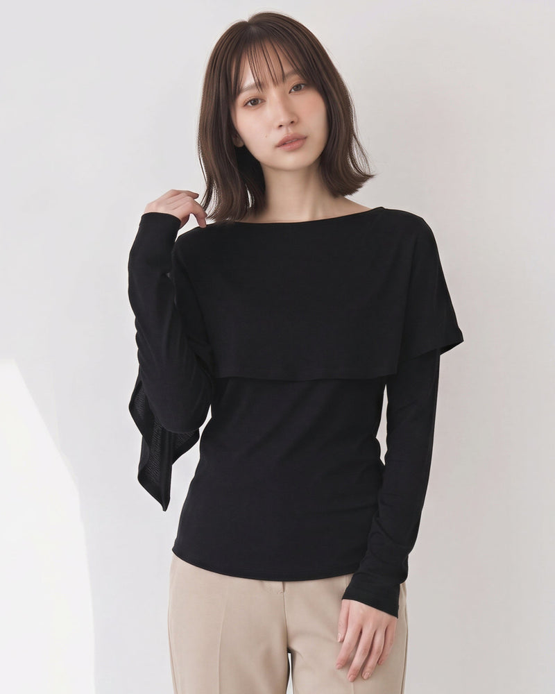 ショールレイヤード スリムフィット長袖Tシャツ-ブラック-FREE