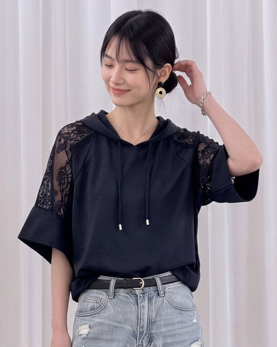 レース切り替えフード付きワイドスリーブTシャツ-ダークネイビー-L