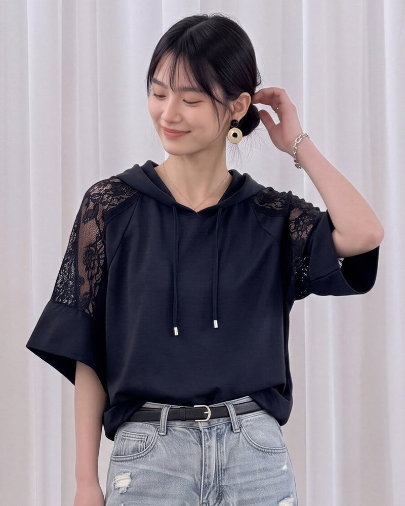 レース切り替えフード付きワイドスリーブTシャツ-ダークネイビー-L