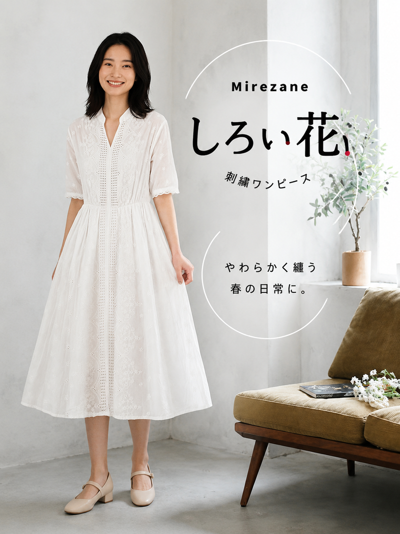 刺繍カットワーク ウエストシェイプ Vネックワンピース