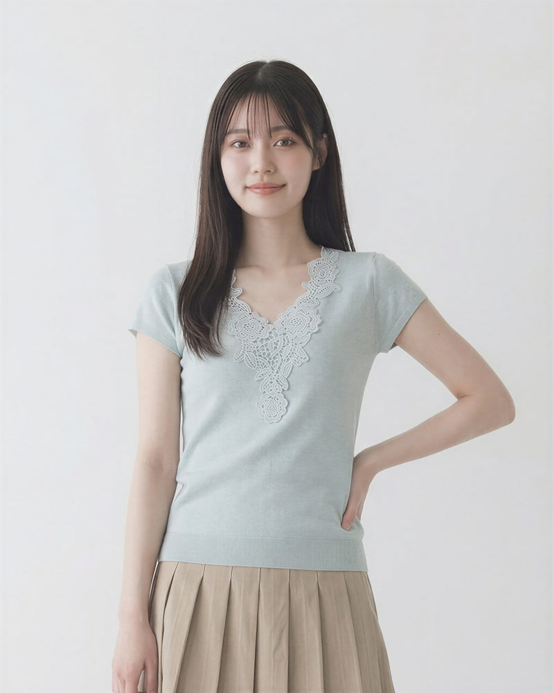 レースVネック スリムフィット 半袖Tシャツ