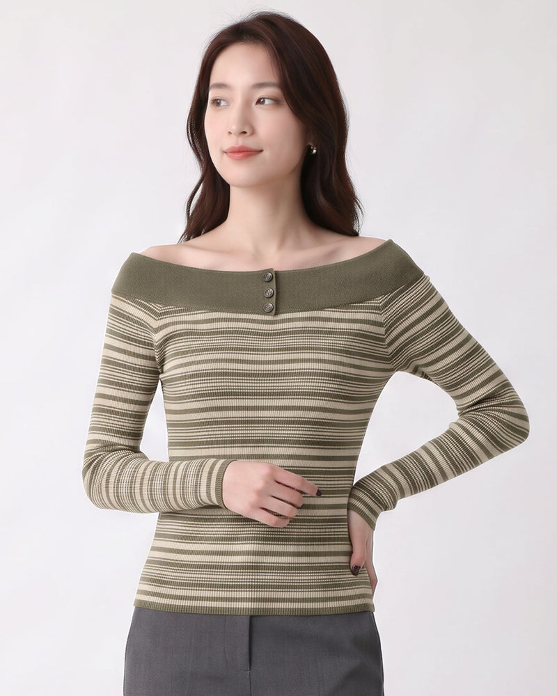 【秋新作】S~XL オフショルダー ボーダー スリムニットトップス