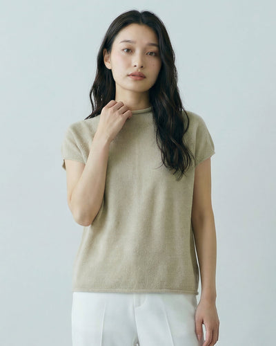 スタンドカラー 切りっぱなし風 半袖Tシャツ