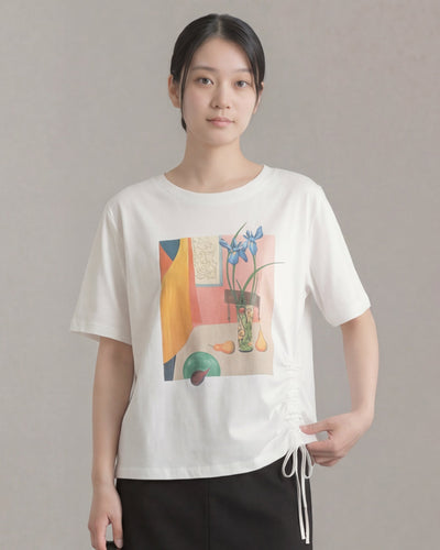 アートプリント サイドドロスト ゆったりTシャツ-ホワイト-2XL