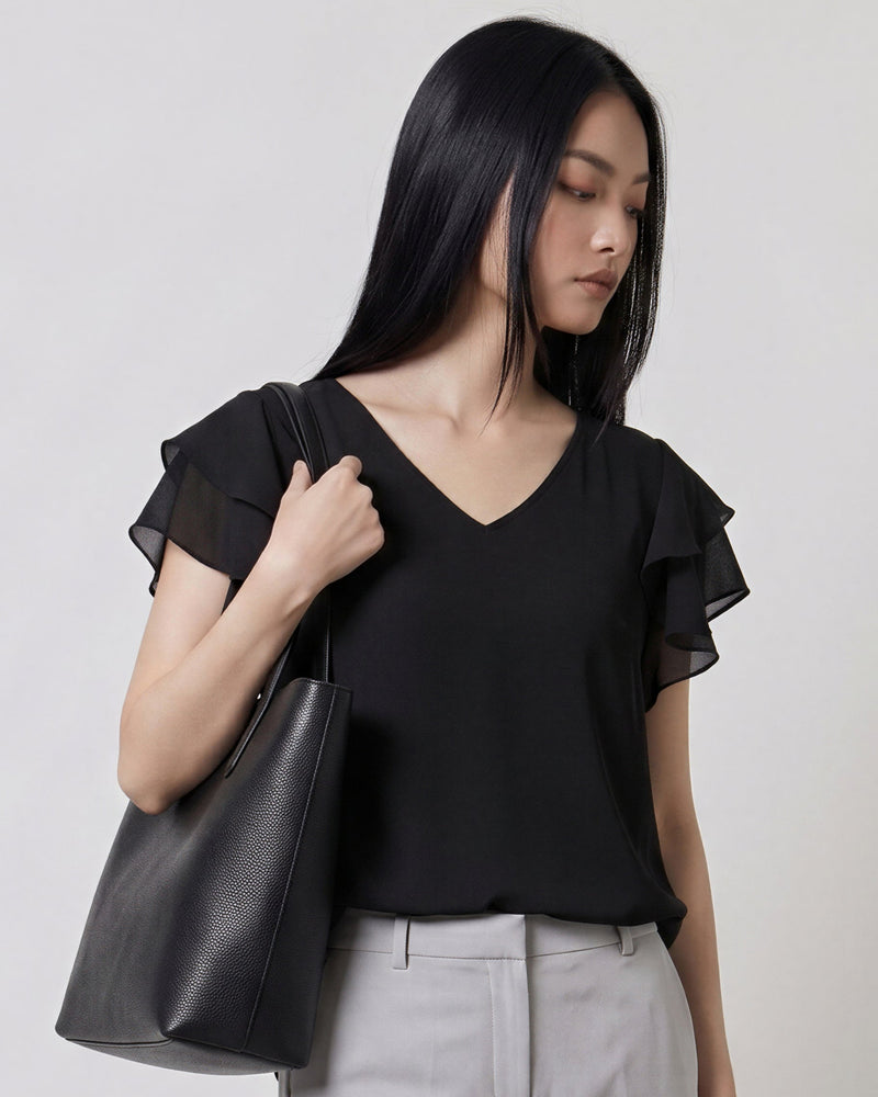 Vネック フリルスリーブ シフォンブラウス-ブラック-4XL