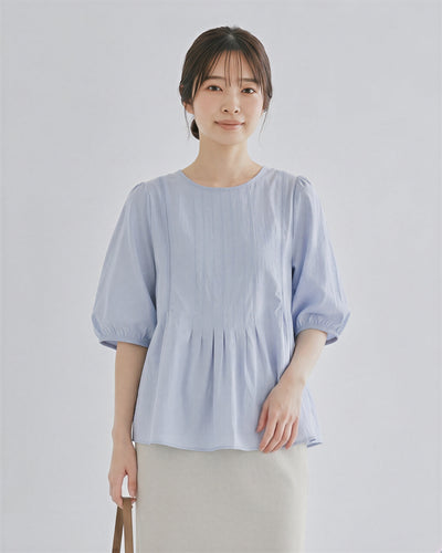 ラウンドネック プリーツウエストマークブラウス-ライトパープル-3XL