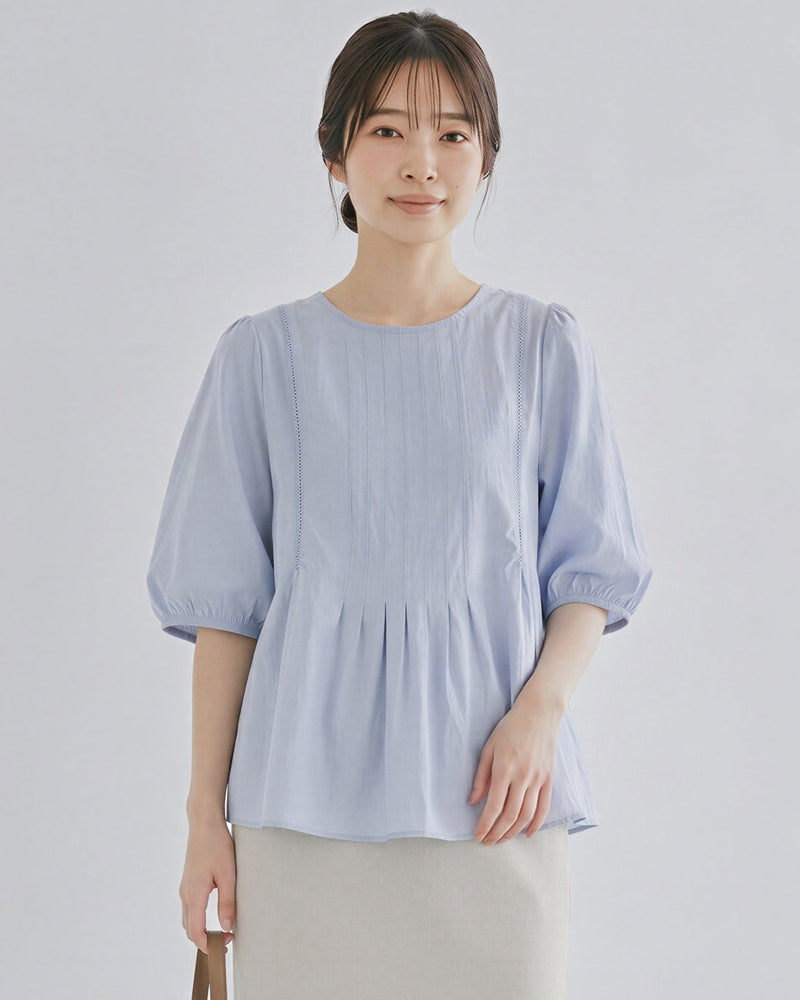 ラウンドネック プリーツウエストマークブラウス-ライトパープル-3XL