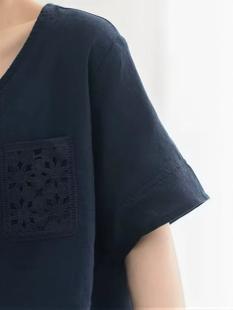 【全2色】ゆったりVネック 透かしポケット 半袖Tシャツ