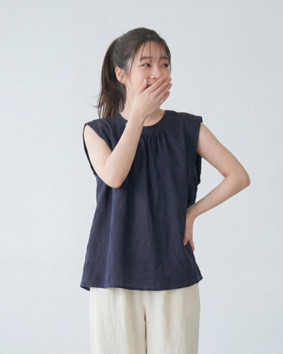立体プリーツ クルーネック ノースリーブ ゆったりTシャツ-ダークブルー-4XL