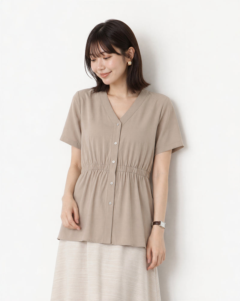 Vネック ウエストシェイプ 半袖ブラウス-グレー-3XL