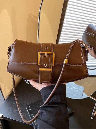 レトロ調ゴールドバックル 脇下ワンショルダー バゲットバッグ