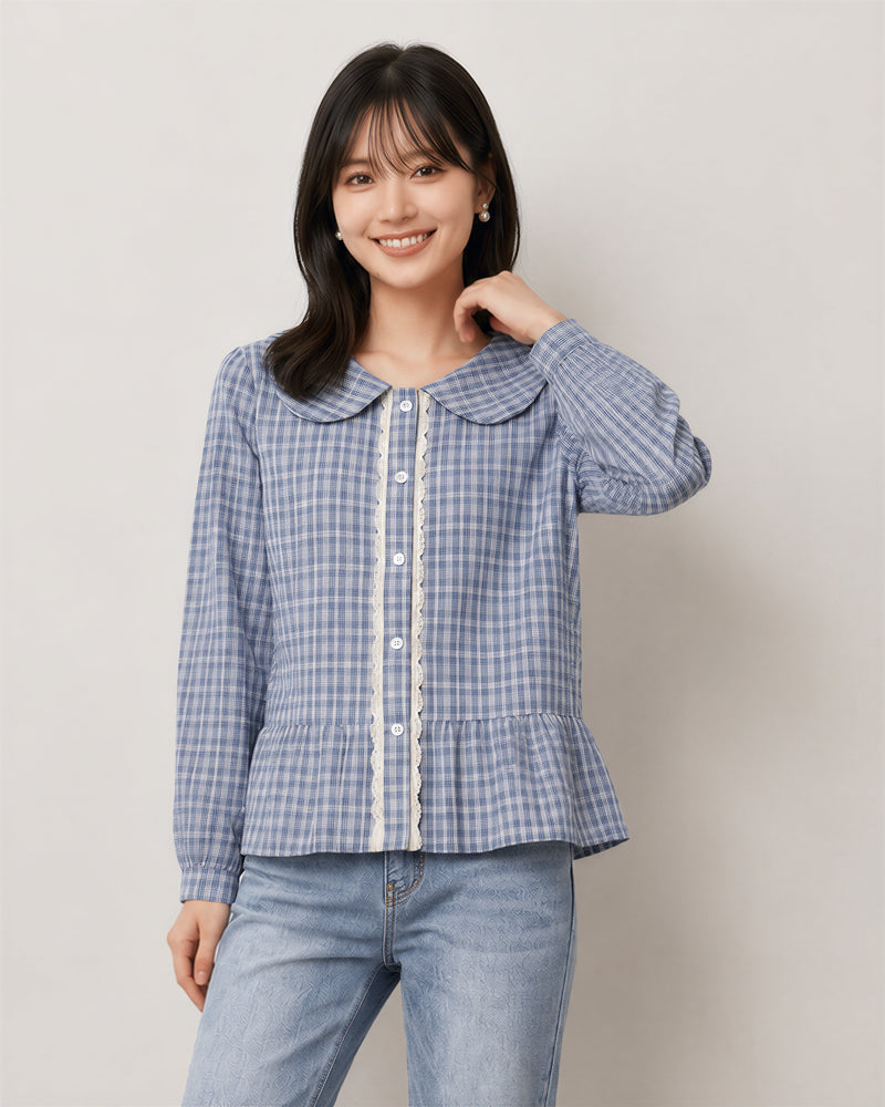 ライトブルーチェックのドールカラーウエストシェイプシャツ-サックス-XL