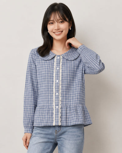 ライトブルーチェックのドールカラーウエストシェイプシャツ-サックス-XL