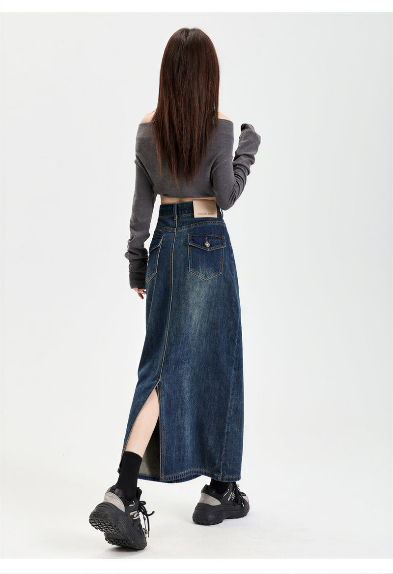ハイウエスト スリット入り ストレート デニムスカート