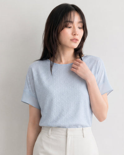 ジャカード クルーネック ゆったり シフォンブラウス-サックス-2XL