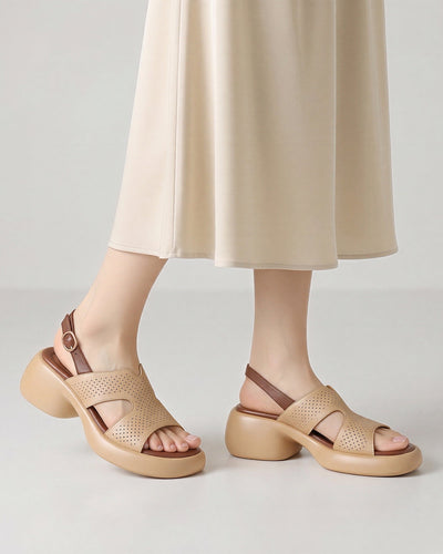 パンチングカットワーク 厚底 バックストラップ レディースサンダル-ライトブラウン-40