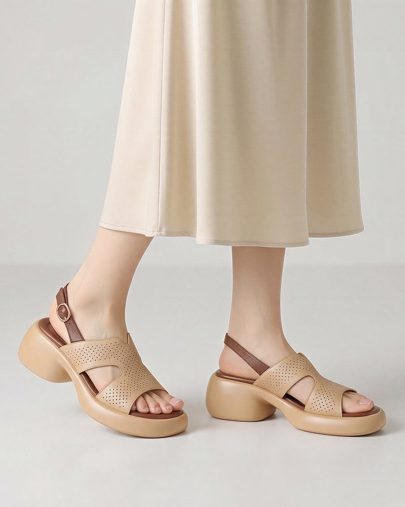 パンチングカットワーク 厚底 バックストラップ レディースサンダル-ライトブラウン-40
