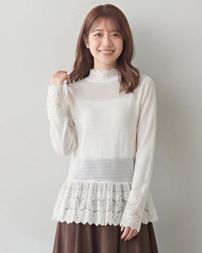 【秋新作】S~XL レース切り替え フリルネック インナー トップス
