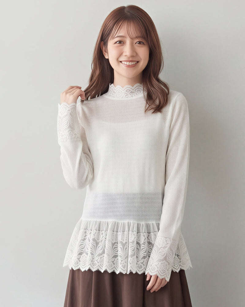 【秋新作】S~XL レース切り替え フリルネック インナー トップス