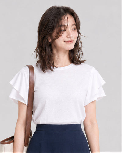 ラウンドネック フリルスリーブ ゆったりTシャツ-ホワイト-FREE