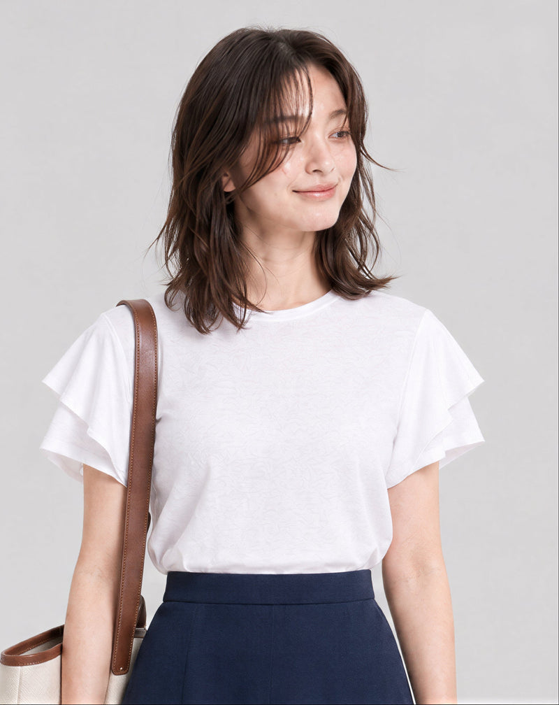 ラウンドネック フリルスリーブ ゆったりTシャツ-ホワイト-FREE