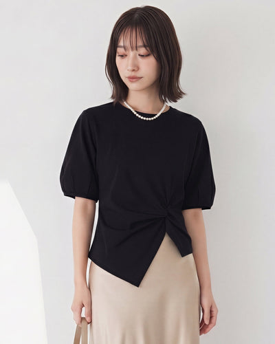 ツイストデザイン 不規則ヘム パフスリーブ 半袖Tシャツ-ブラック-L