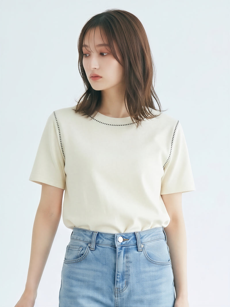 配色パイピング クルーネック ルーズTシャツ-ベージュ-XL