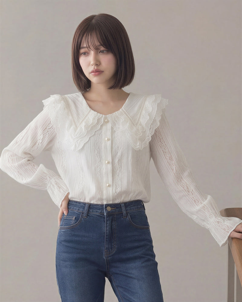レース×フリル 大きめビッグカラー パフスリーブブラウス-ピュアホワイト-2XL