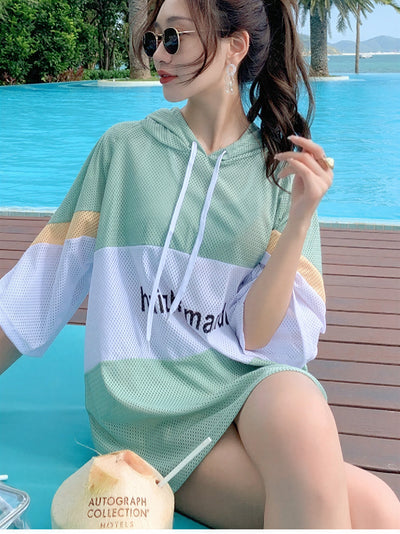 フード付き ゆったり シーム切り替えデザイン セパレート3点セット水着(カバーアップ+タンクトップ型水着+ボクサーショーツ)-グリーン-XL