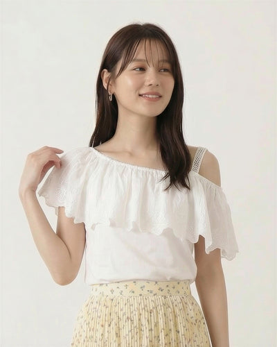 オフショルダー ワンショル風 フリル 半袖Tシャツ