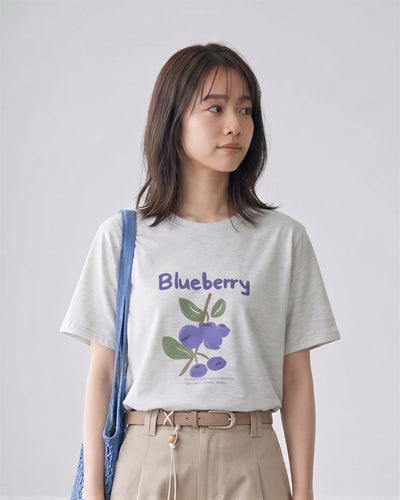 グレー フルーツプリント ルーズTシャツ-グレー-L