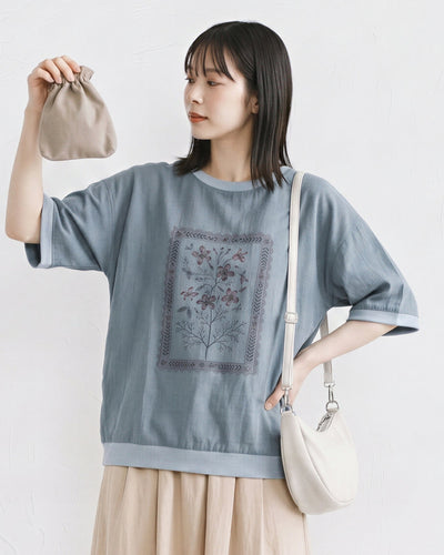 ゆったりドロップショルダー フラワープリントTシャツ-サックス-2XL
