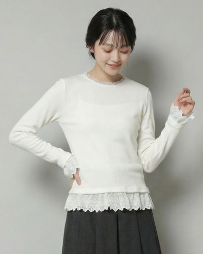 レース切り替え フリル付き クルーネック スリムフィット 長袖Tシャツ