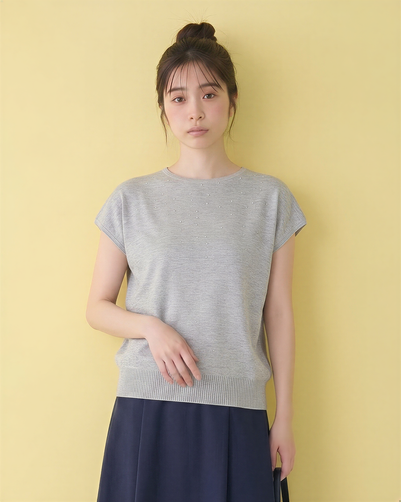小さめラウンドネック ラメ調ジャカード ドルマンスリーブ ニット半袖Tシャツ