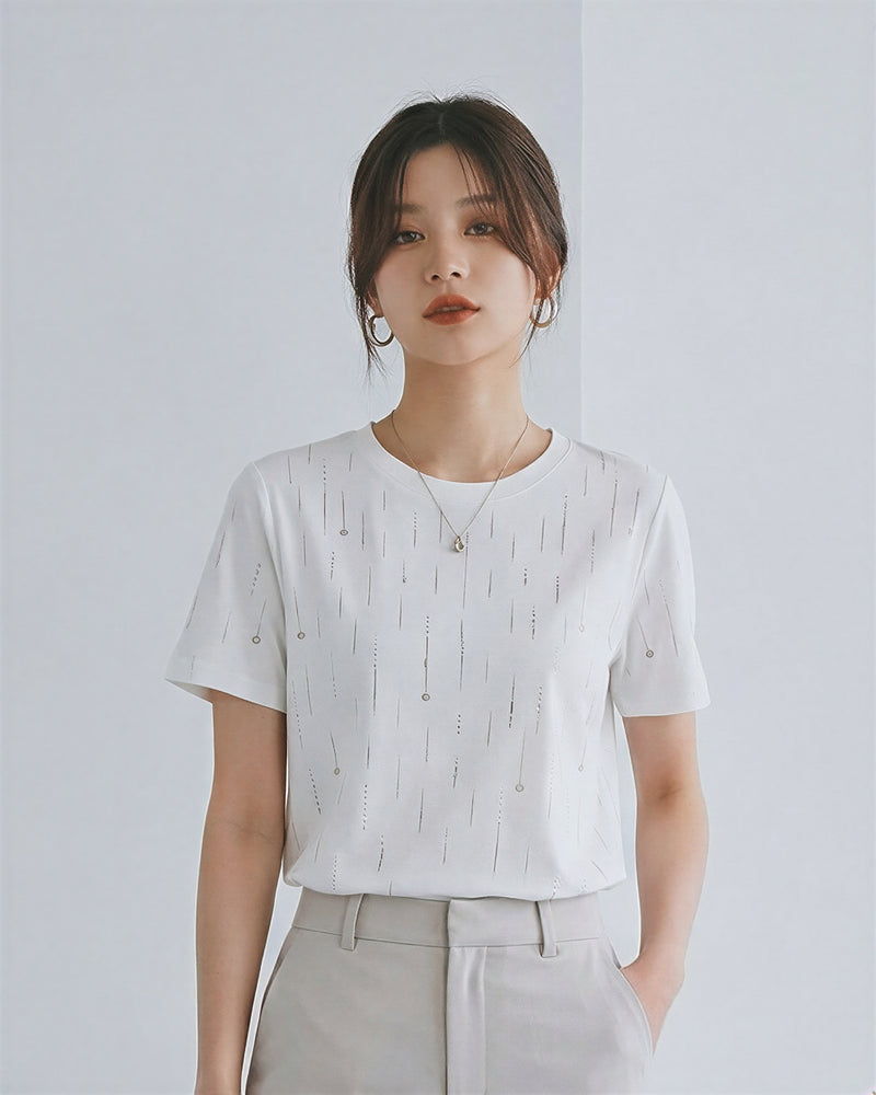 縦ラインスパンコール付き クルーネック ストレート 半袖Tシャツ