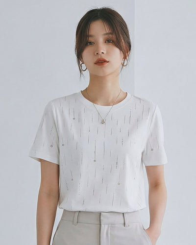 縦ラインスパンコール付き クルーネック ストレート 半袖Tシャツ