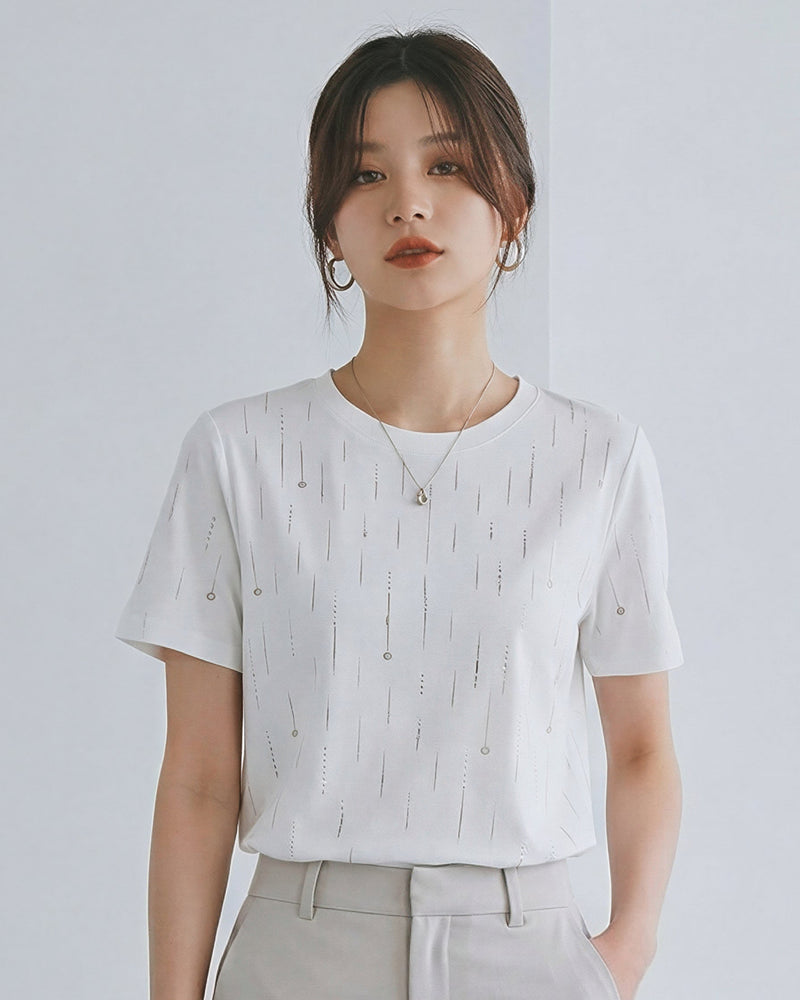 縦ラインスパンコール付き クルーネック ストレート 半袖Tシャツ